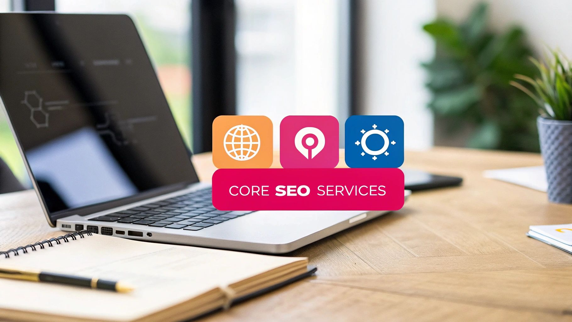 An SEO expert working on a laptop, surrounded by icons representing different SEO services like technical, on-page, and off-page optimisation.