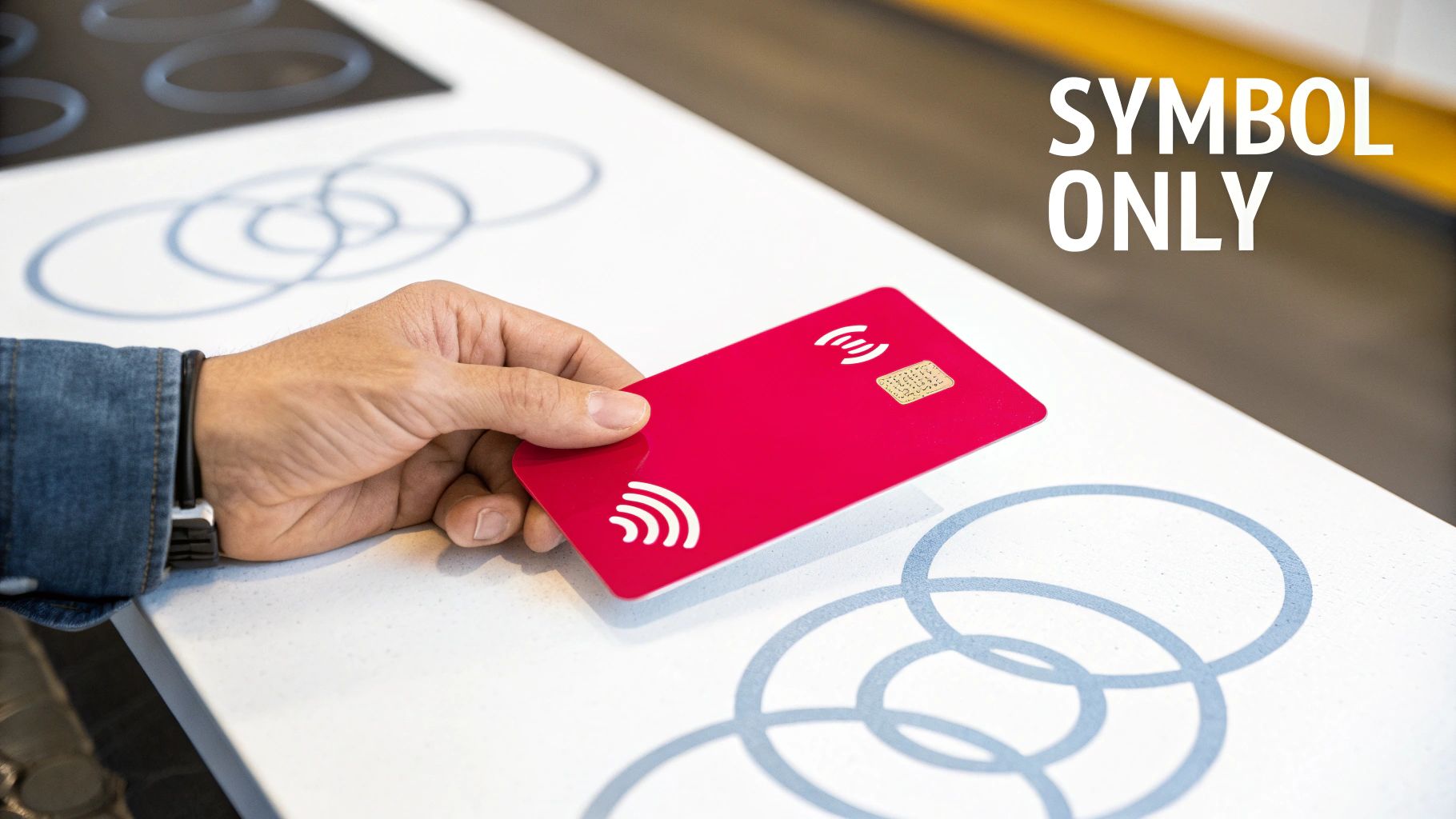 A hand holds a bright red contactless payment card over a white surface with modern circular patterns.