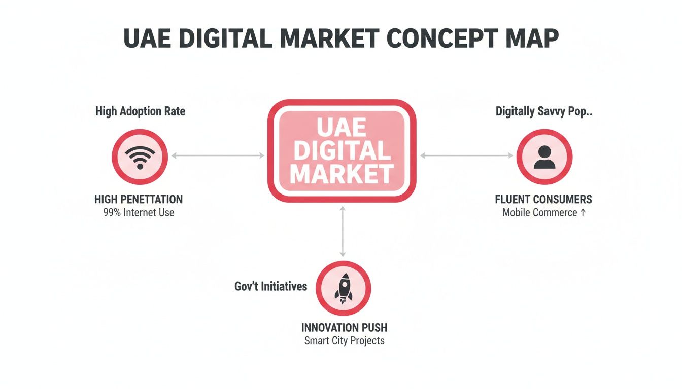 A concept map illustrating the UAE digital market, highlighting high internet penetration, digitally savvy consumers, and government innovation.