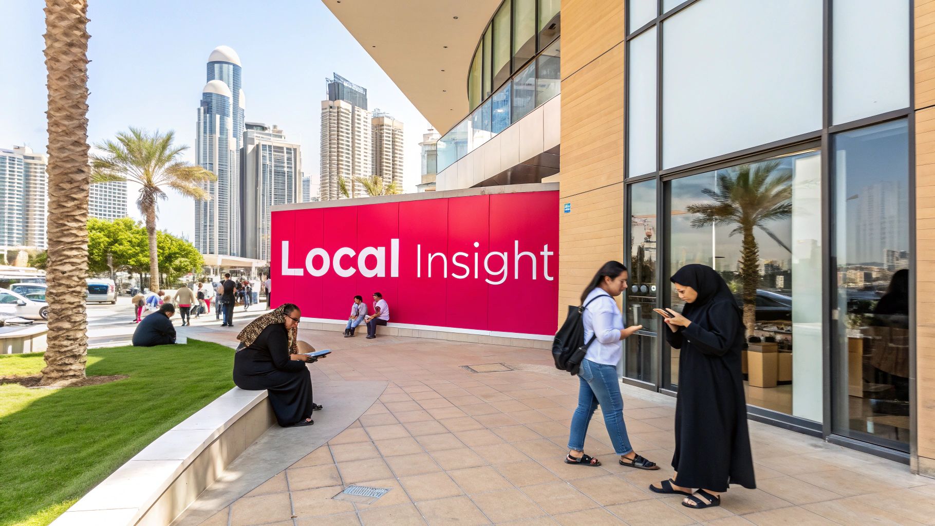 People gather in an outdoor urban setting in Dubai, featuring a red wall with 'Local Insight' text, palm trees, and modern skyscrapers.