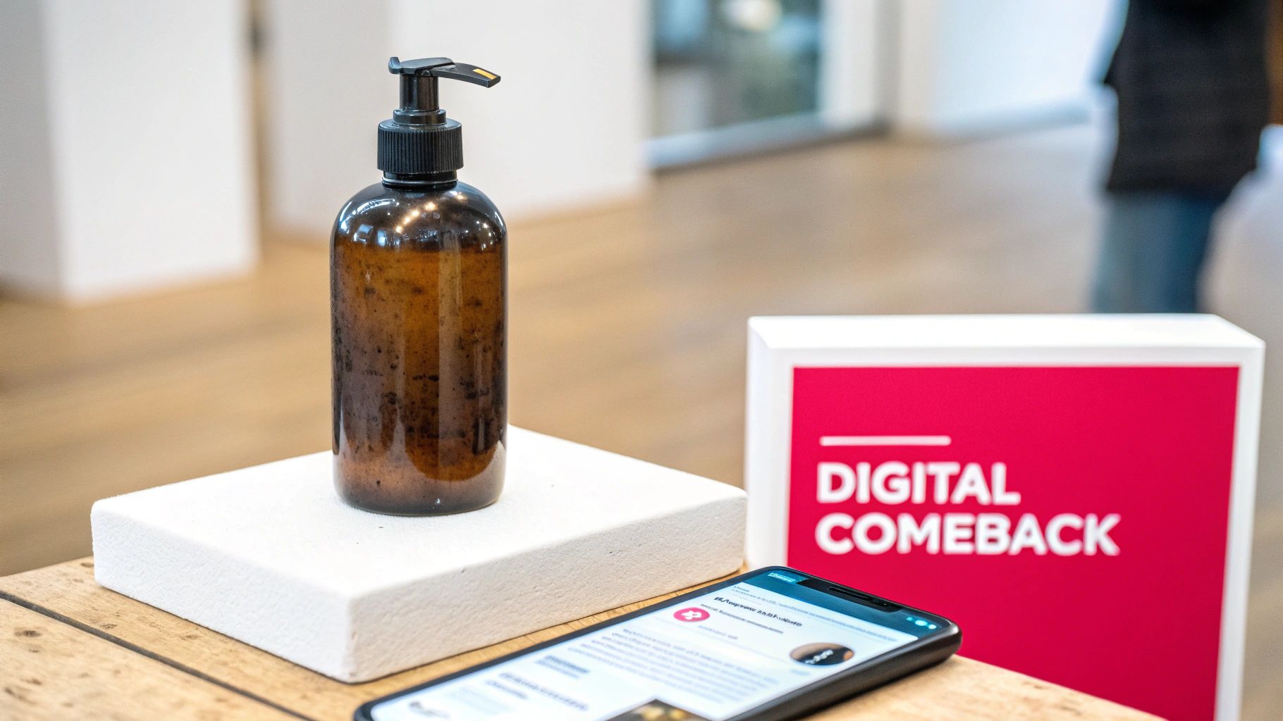 A brown pump bottle, a smartphone, and a red 'DIGITAL COMEBACK' sign on a wooden table.