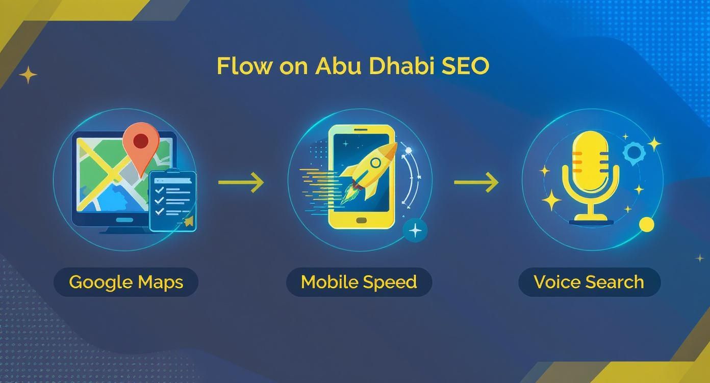 Flowchart outlining Abu Dhabi SEO strategies: Google Maps, mobile speed, and voice search optimization.