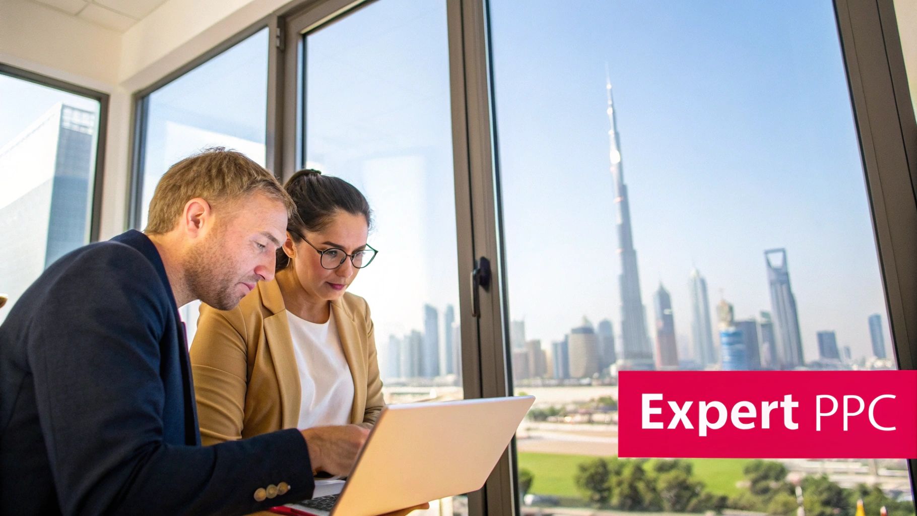 A team of professionals collaborating on a PPC management strategy in a modern Dubai office