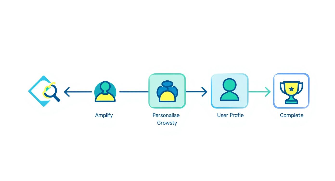 A workflow diagram illustrating steps for user engagement including Amplify, Personalise Growsty, User Profile, and Complete.