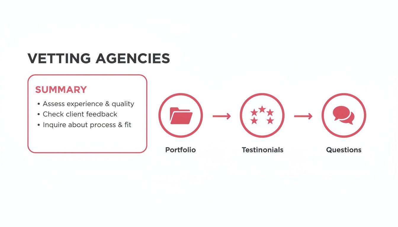 Visual guide outlining the agency vetting process, including portfolio, testimonials, and questions stages.