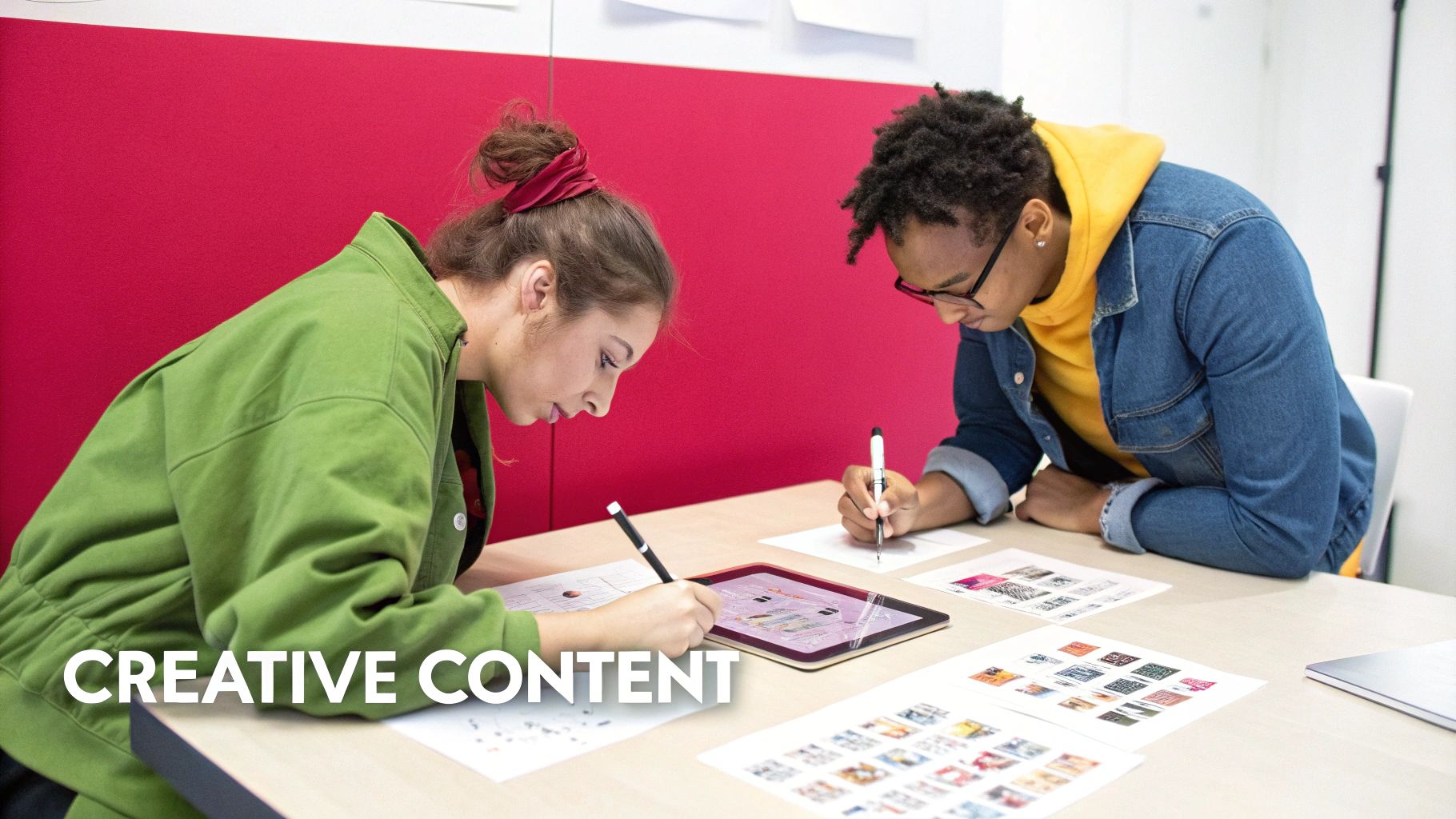 Two young people drawing and designing on a table with a tablet and papers, engaged in creative work.