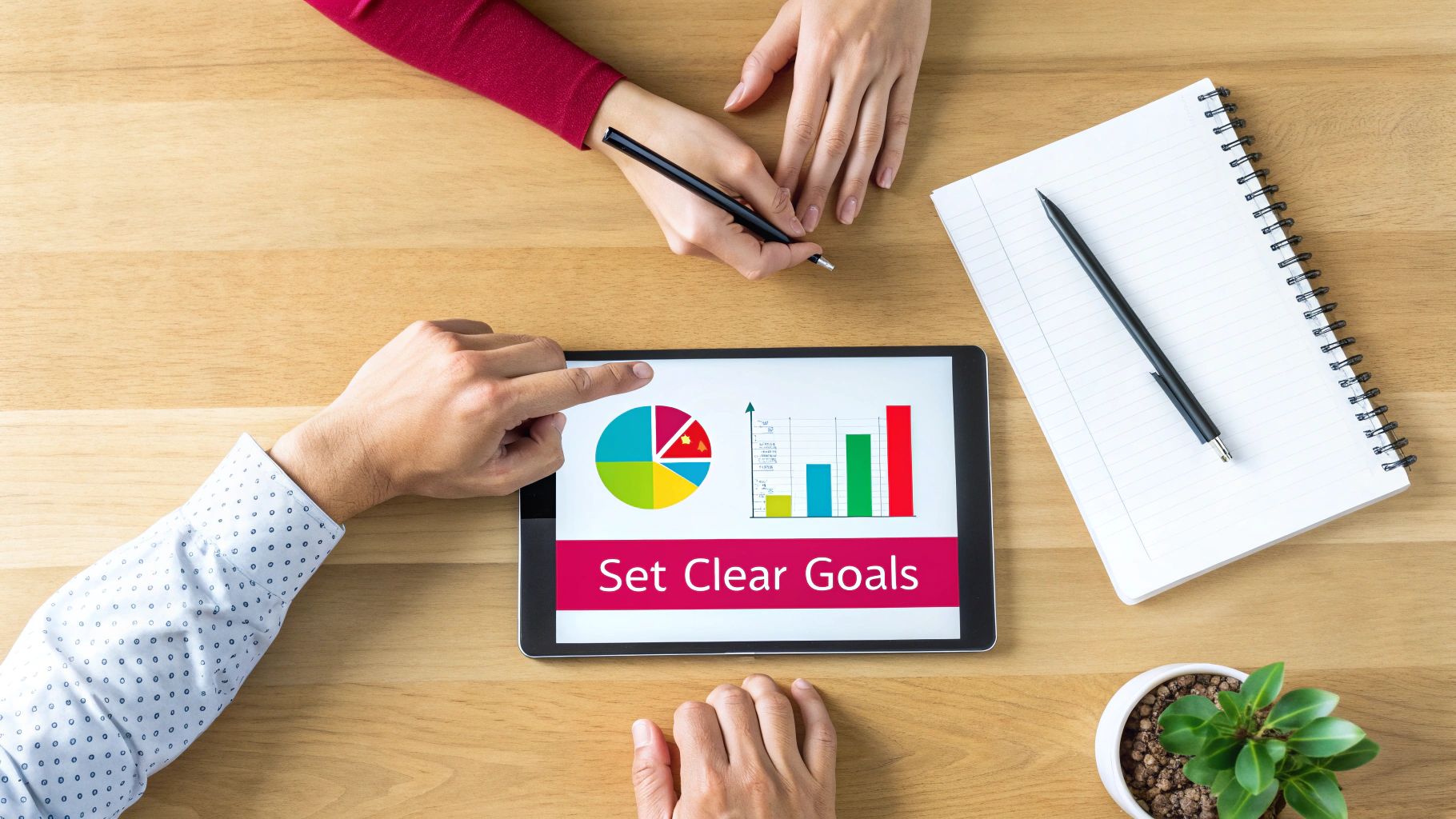 Business professionals collaborating on goal setting strategy with tablet displaying charts and graphs