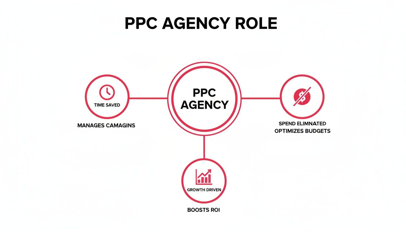 Diagram showing the PPC agency role, highlighting time saved, budget optimization, and ROI growth.
