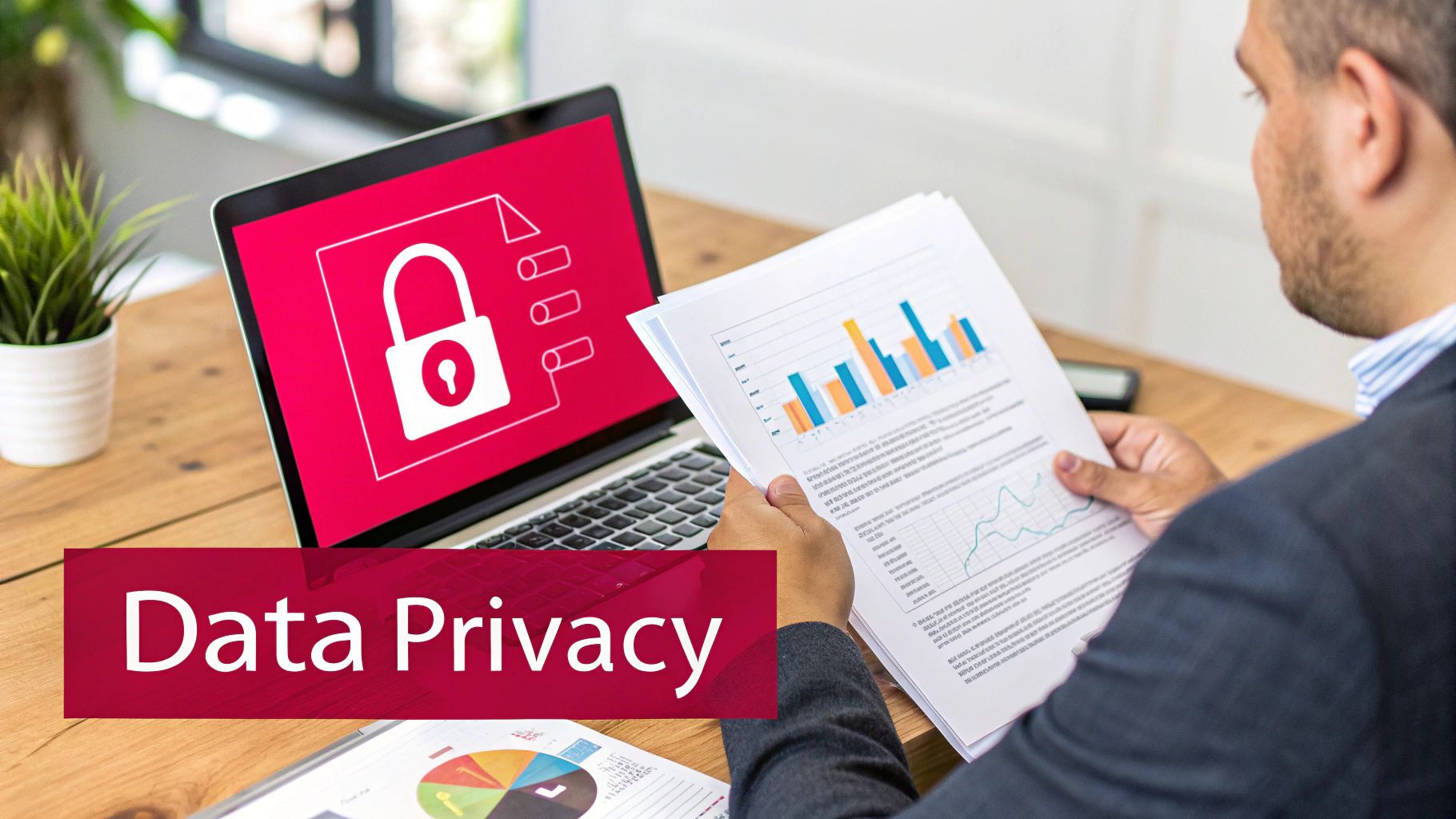 A person reviews documents while a laptop displays a data privacy lock icon, illustrating data security.