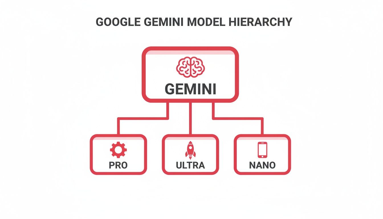 A hierarchy diagram illustrating Google Gemini AI models: Pro, Ultra, and Nano versions.