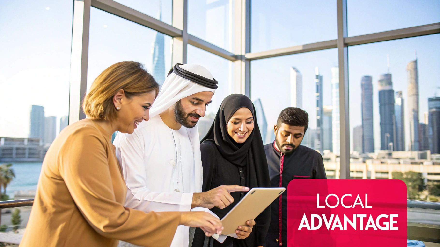 Diverse business professionals in Dubai discuss content on a tablet, emphasizing local advantage.