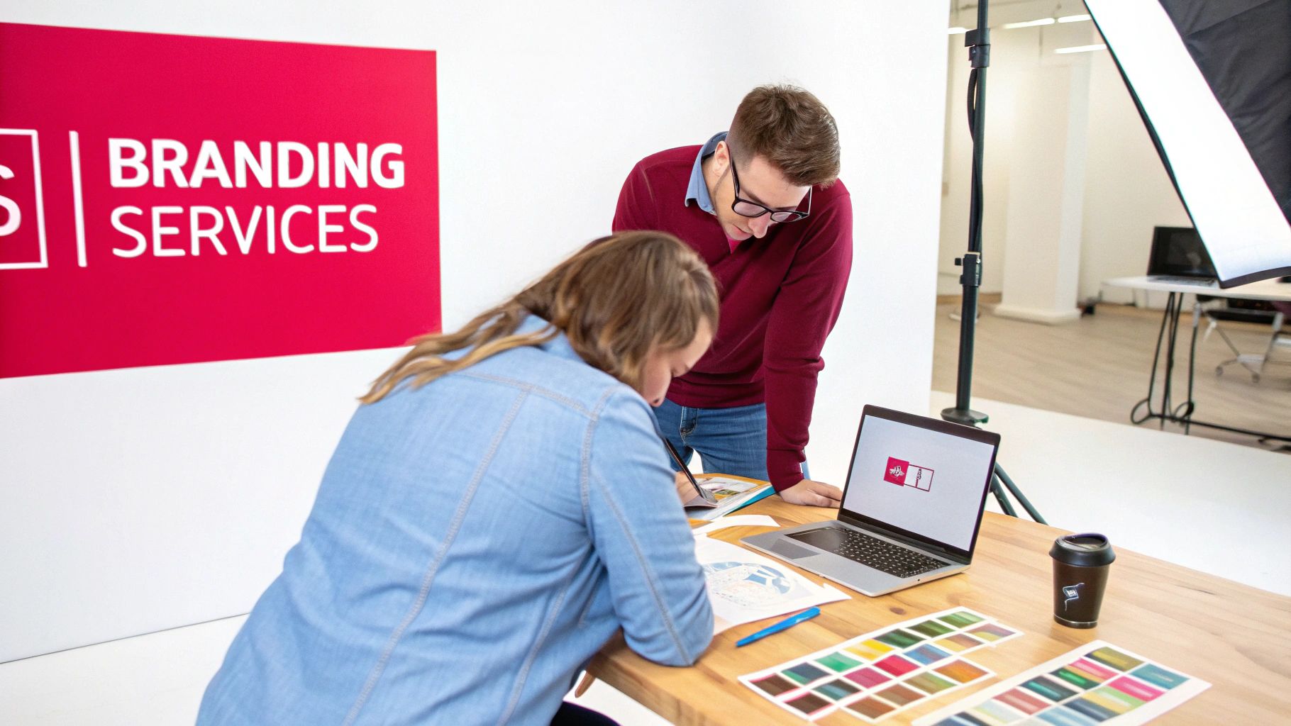 Two designers collaborate on a branding project with color swatches and a laptop in a studio.