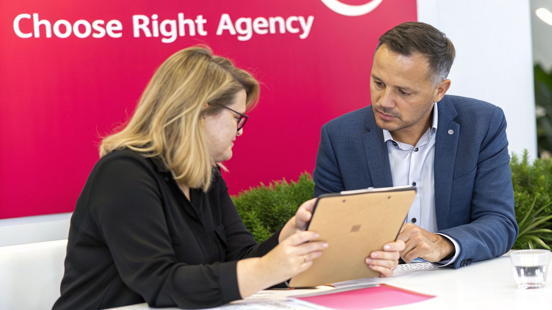 A group of professionals in a modern office, collaborating around a large wooden table with laptops and documents, suggesting a team from a social media agency.