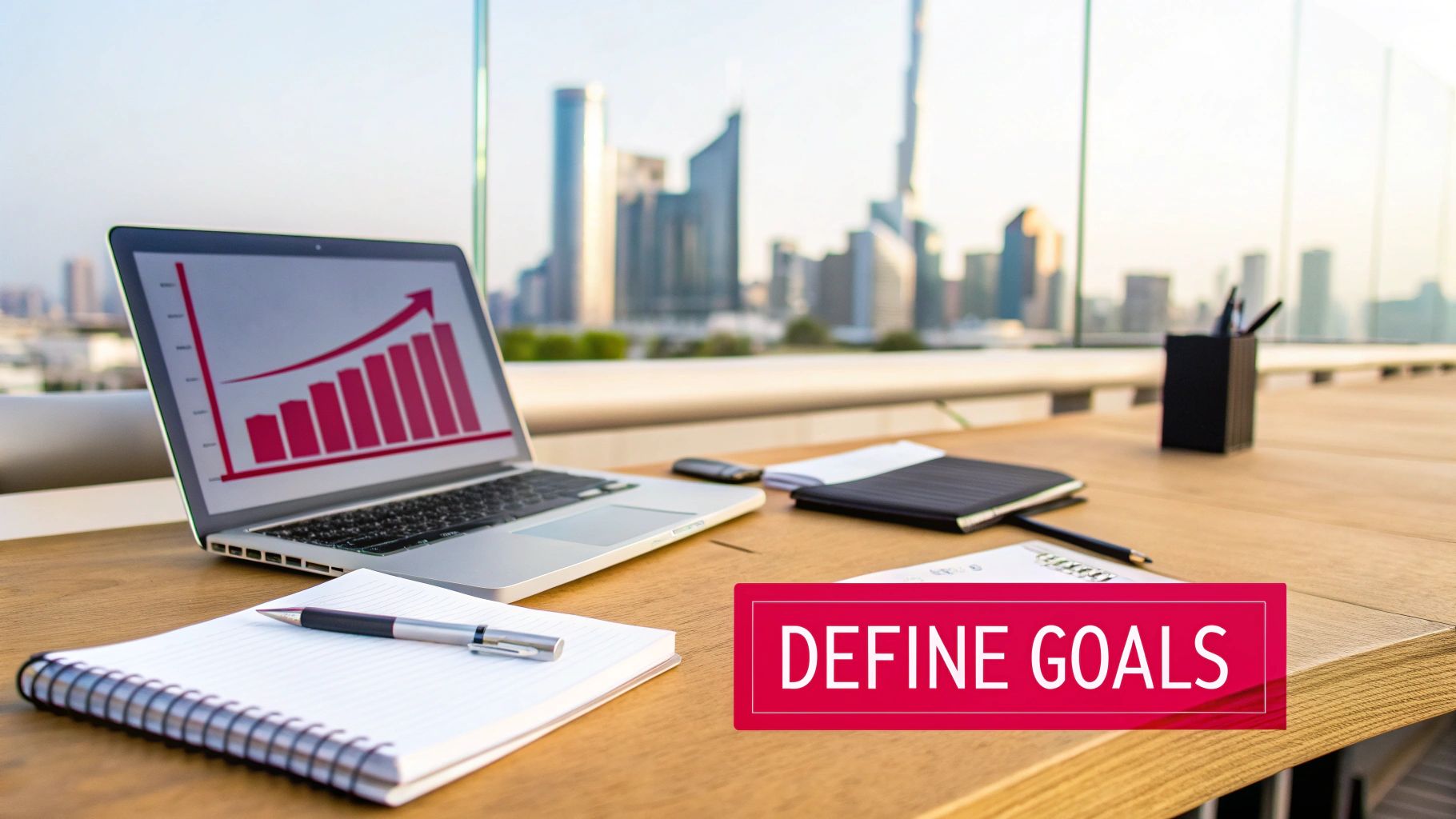 Laptop displaying a growth chart with 'Define Goals' text on a desk overlooking a city skyline.