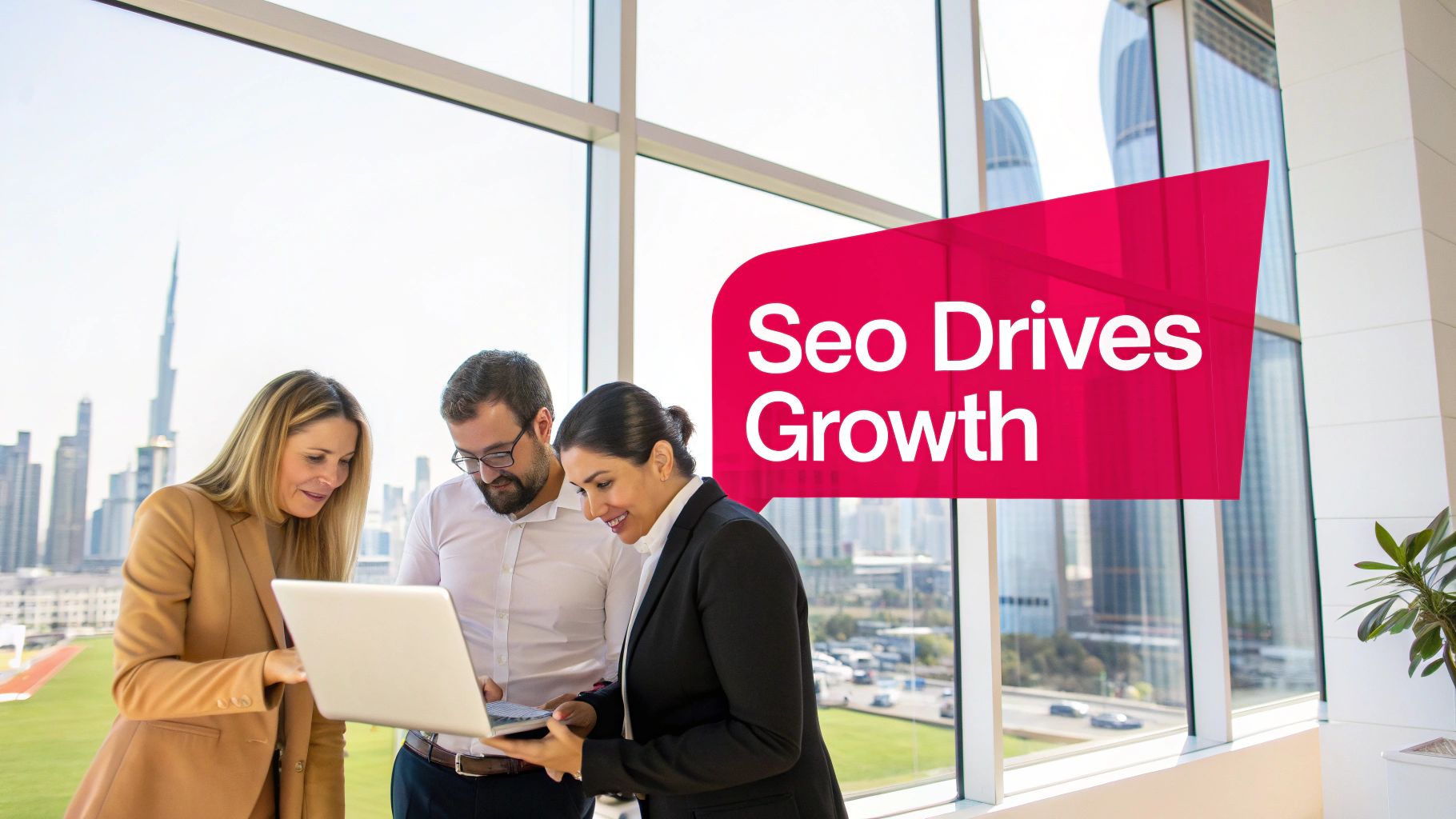 Three business professionals collaborating on a laptop, with a 'Seo Drives Growth' graphic overlay.