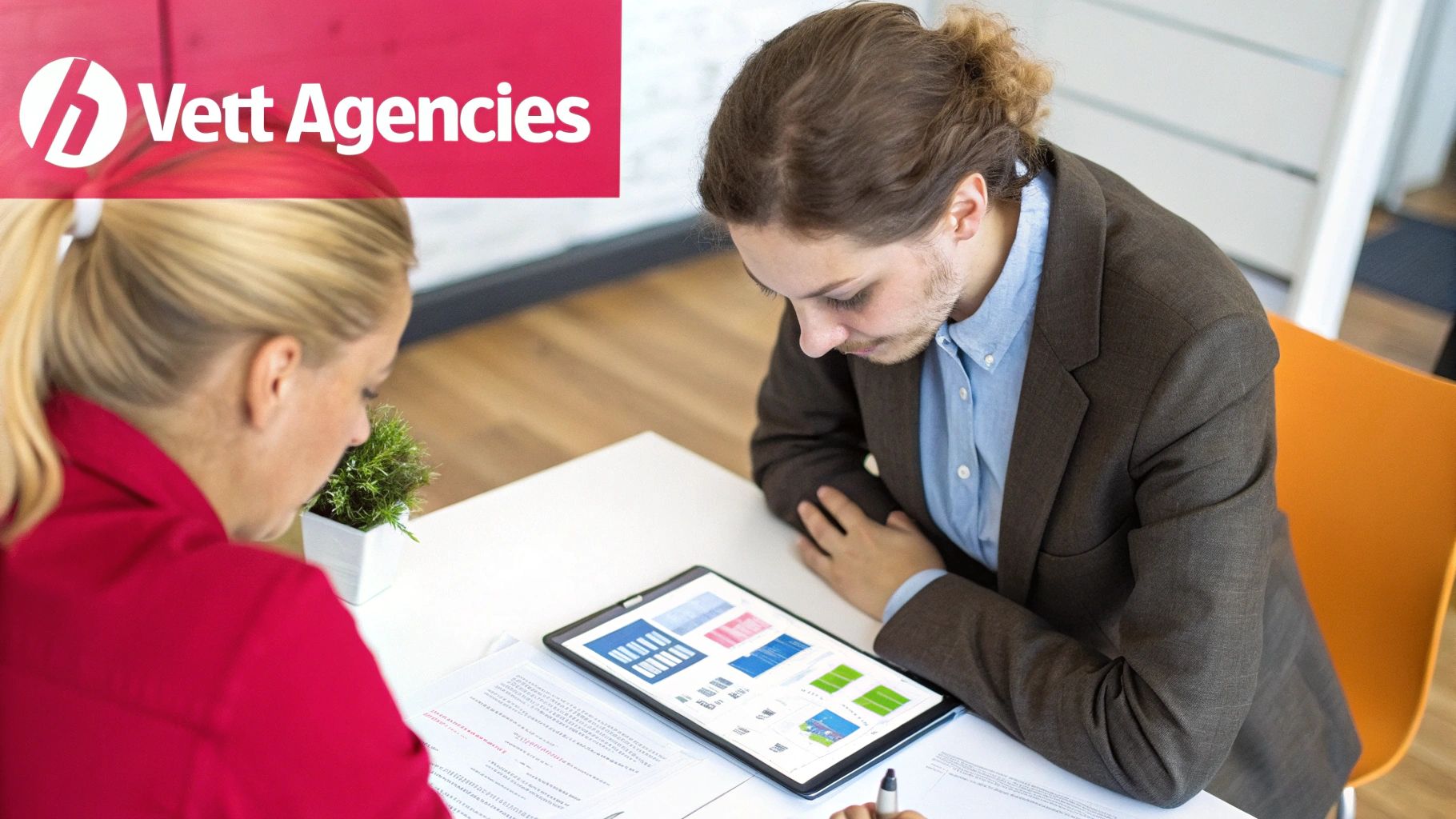Two professionals, a man and a woman, reviewing data on a tablet and documents during a meeting.