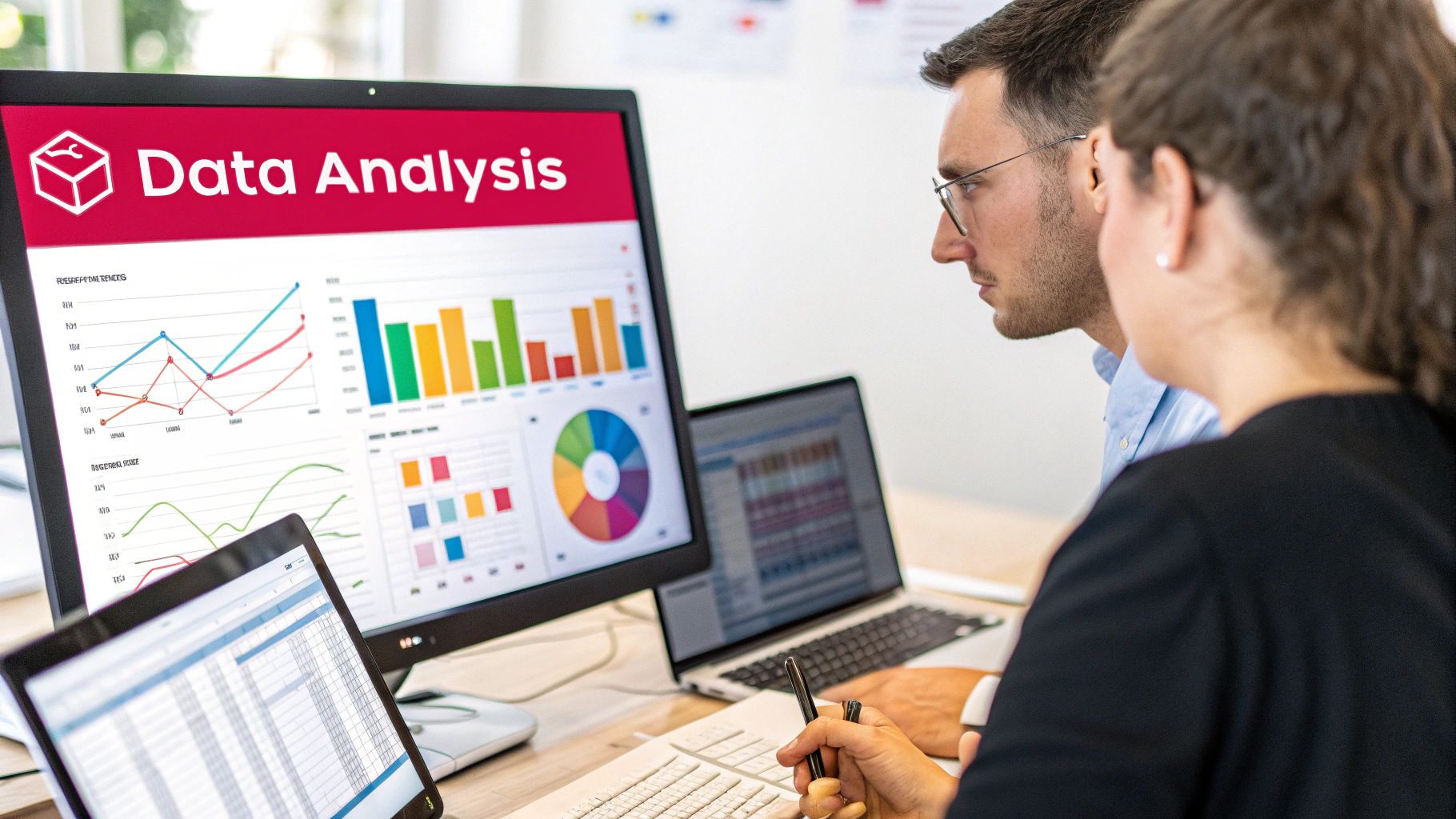 A professional marketer analysing a dashboard with campaign optimisation data.
