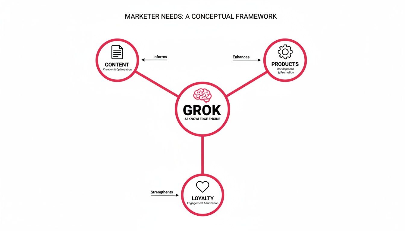 A conceptual framework illustrating marketer needs: GROK AI Knowledge Engine connecting content, products, and loyalty.