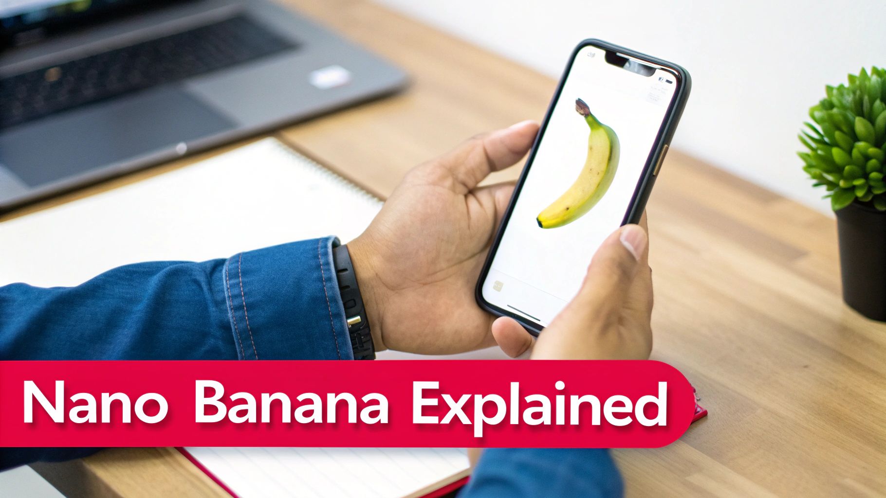 Close-up of hands holding a smartphone displaying a banana image on a wooden desk.