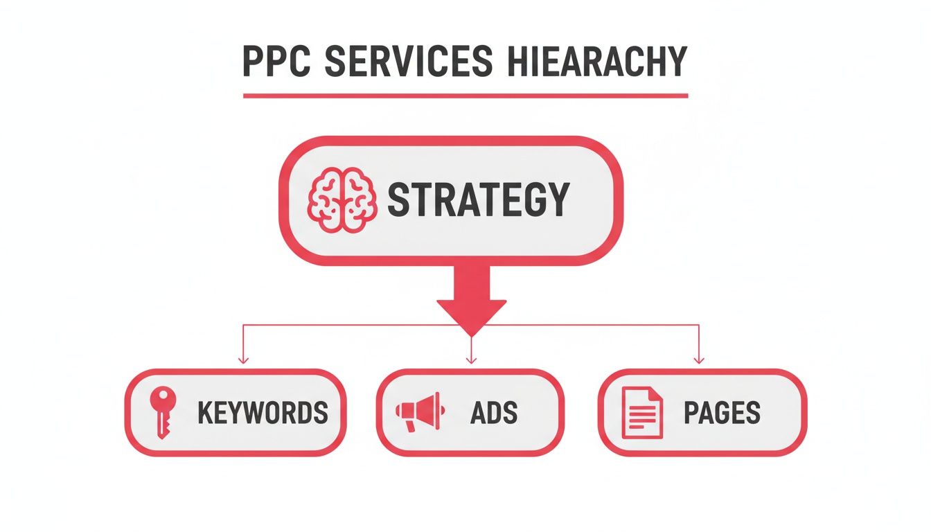 PPC services hierarchy diagram outlining strategy, keywords, ads, and landing pages workflow.