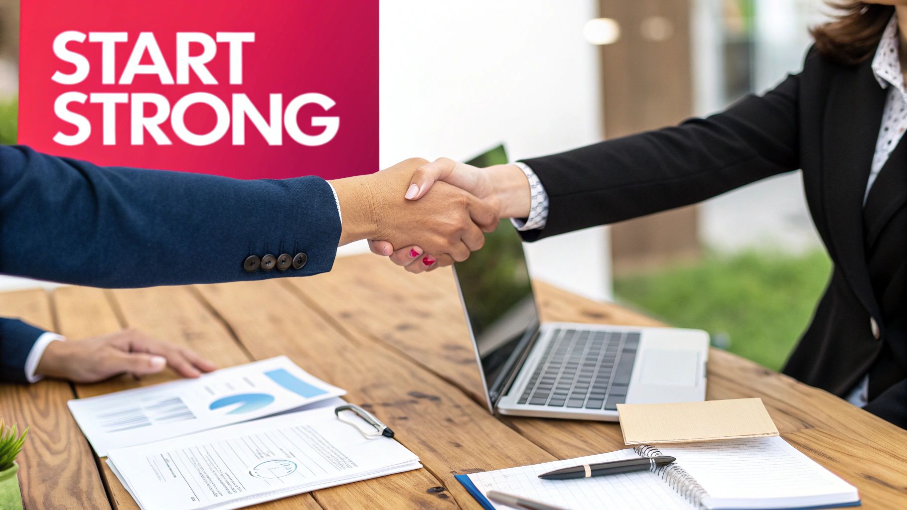 Two business people shaking hands over a table with a laptop and documents, against a 'START STRONG' banner.