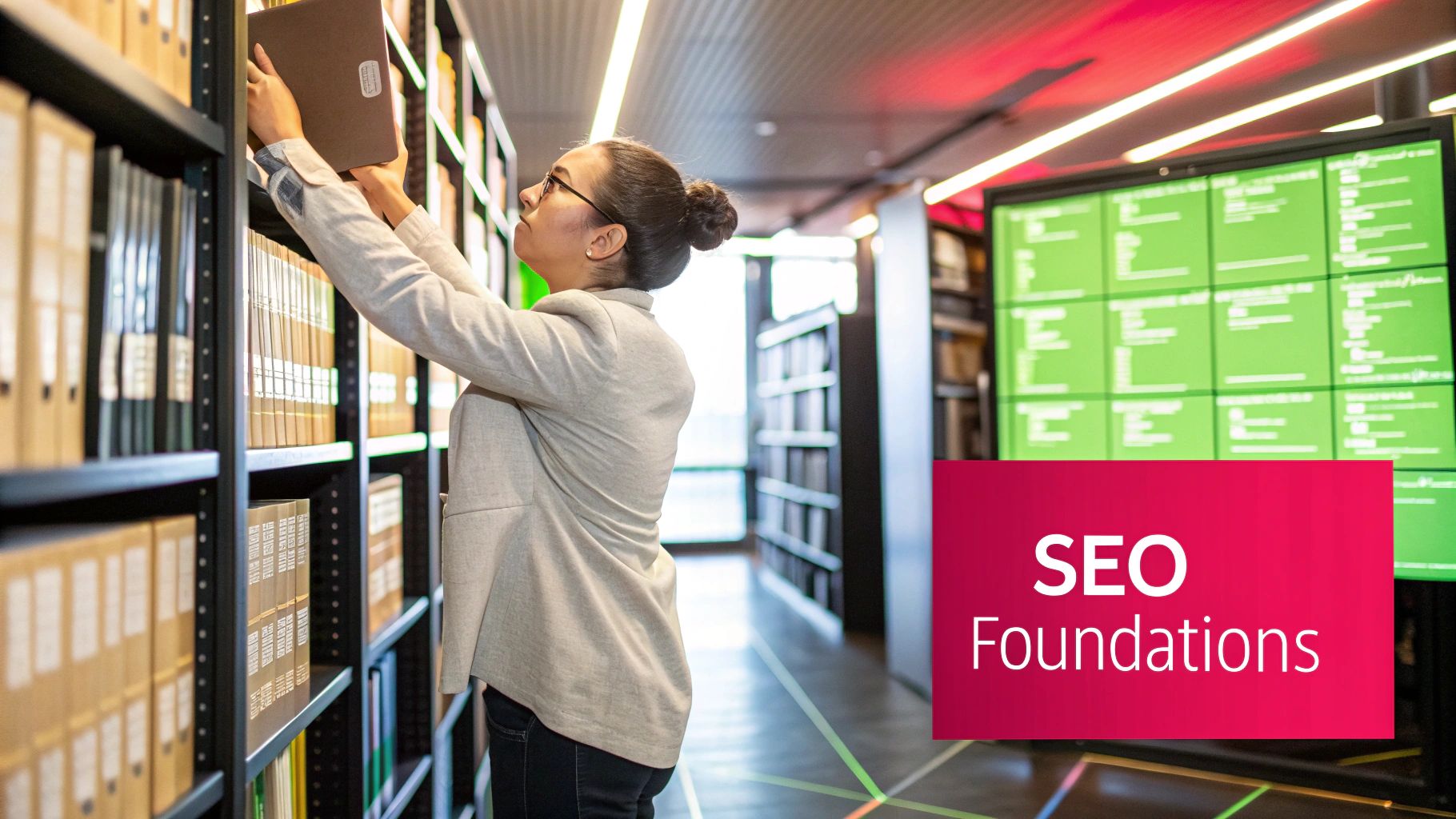 A person working on a laptop with charts and graphs about SEO performance.