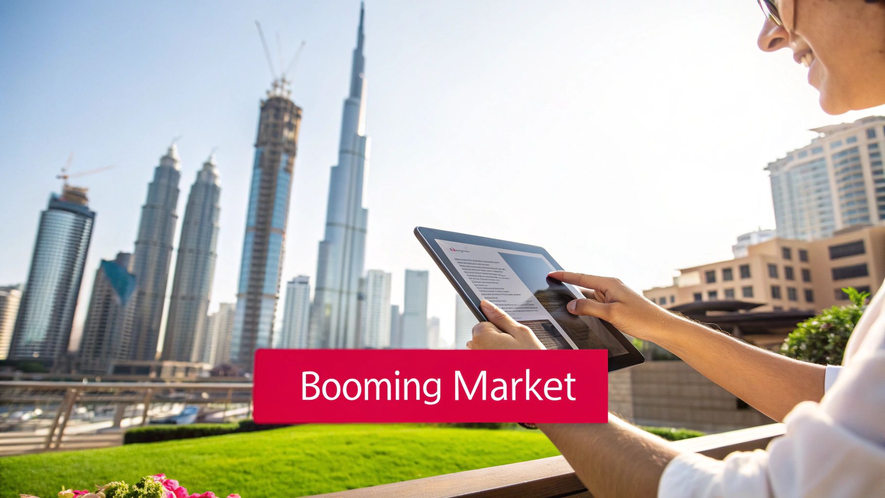 A bustling, modern cityscape of Dubai with digital shopping icons overlaid, representing the thriving e-commerce market