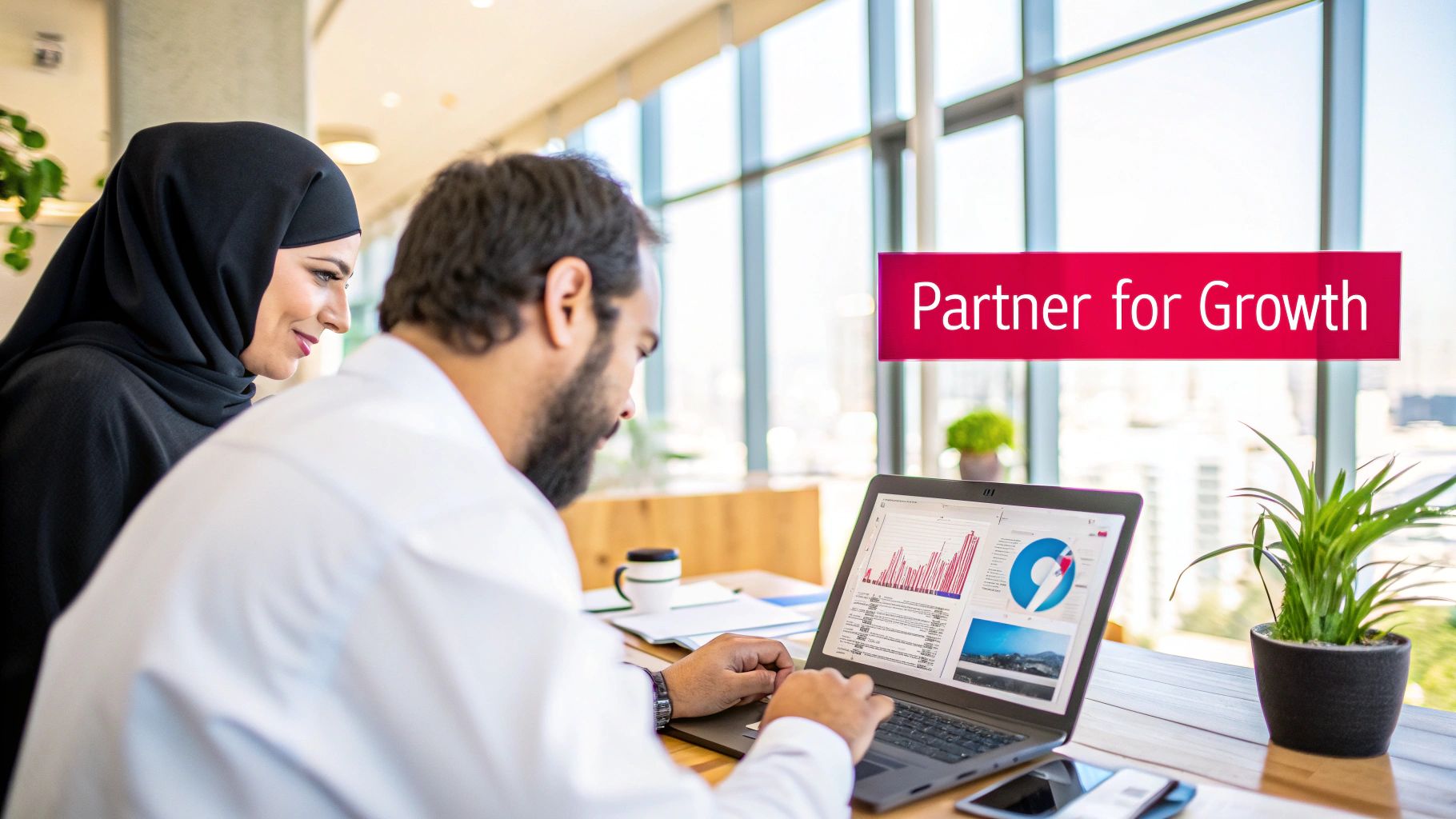 Emirati business colleagues reviewing financial data on a laptop, with 'Partner for Growth' text.