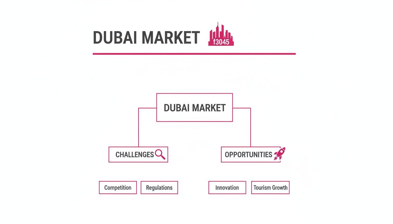 A mind map illustrating the Dubai market's challenges (competition, regulations) and opportunities (innovation, tourism growth).