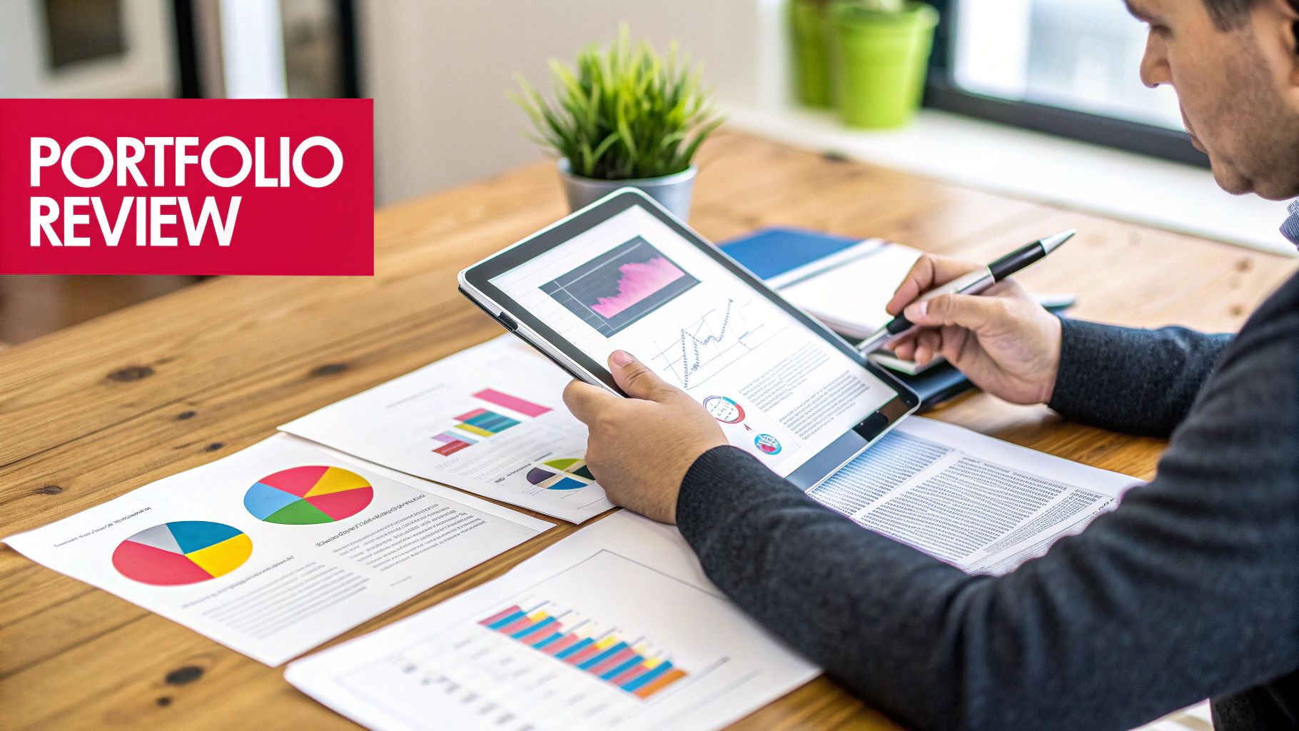 A person conducts a portfolio review, analyzing financial charts and graphs on a tablet and paper.