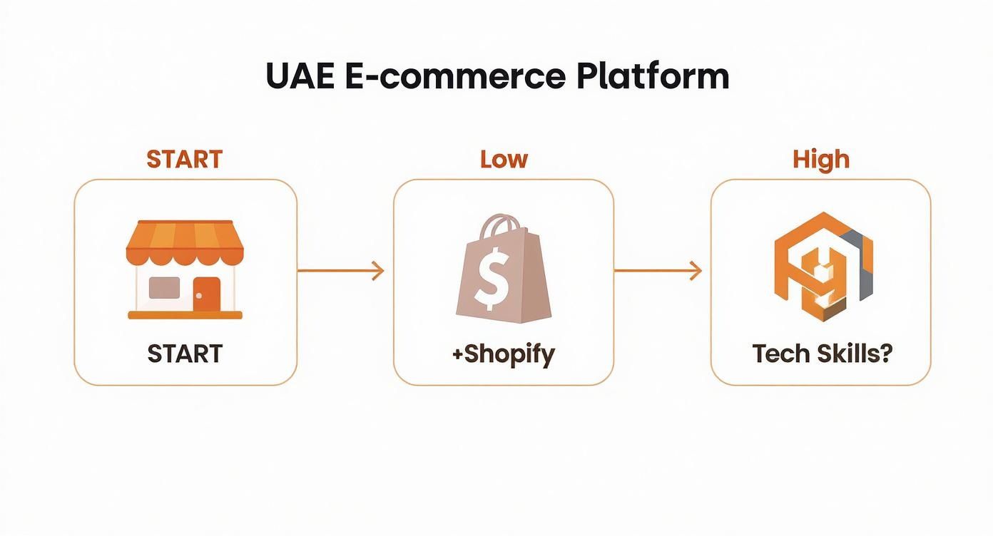 Flowchart showing steps for a UAE e-commerce platform: Start, Low (Shopify), and High (requiring Tech Skills).