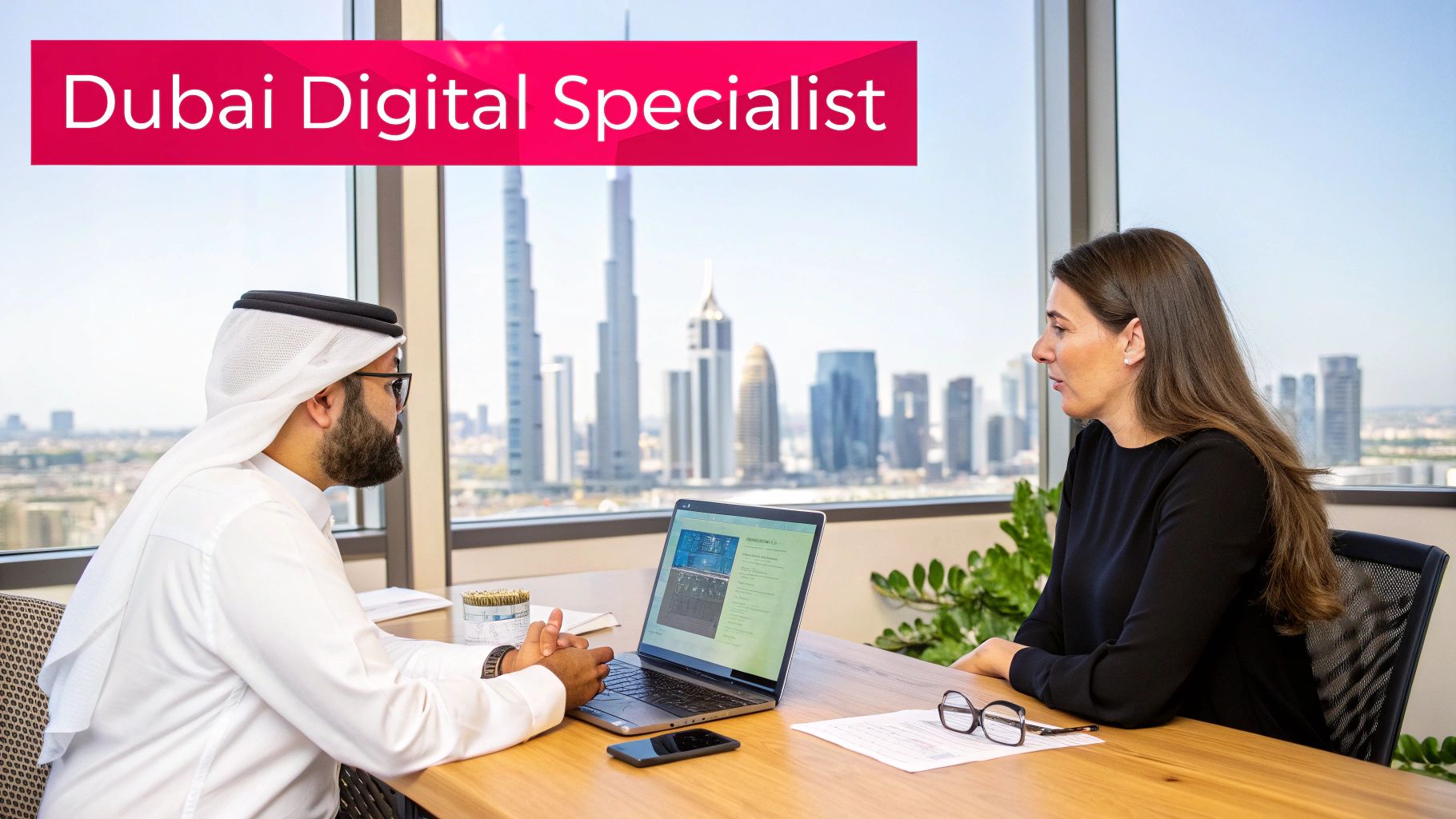 Two professionals in an office meeting with a laptop, documents, and Dubai skyline in the background.