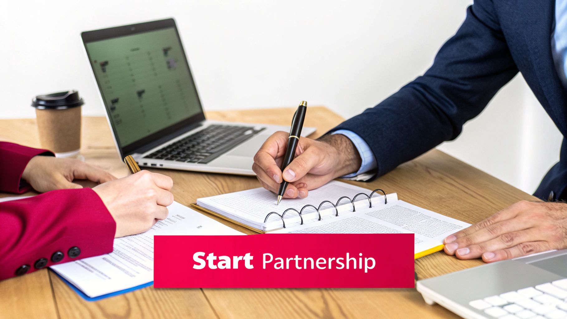 Two people shaking hands across a table, signifying the start of a new business partnership.