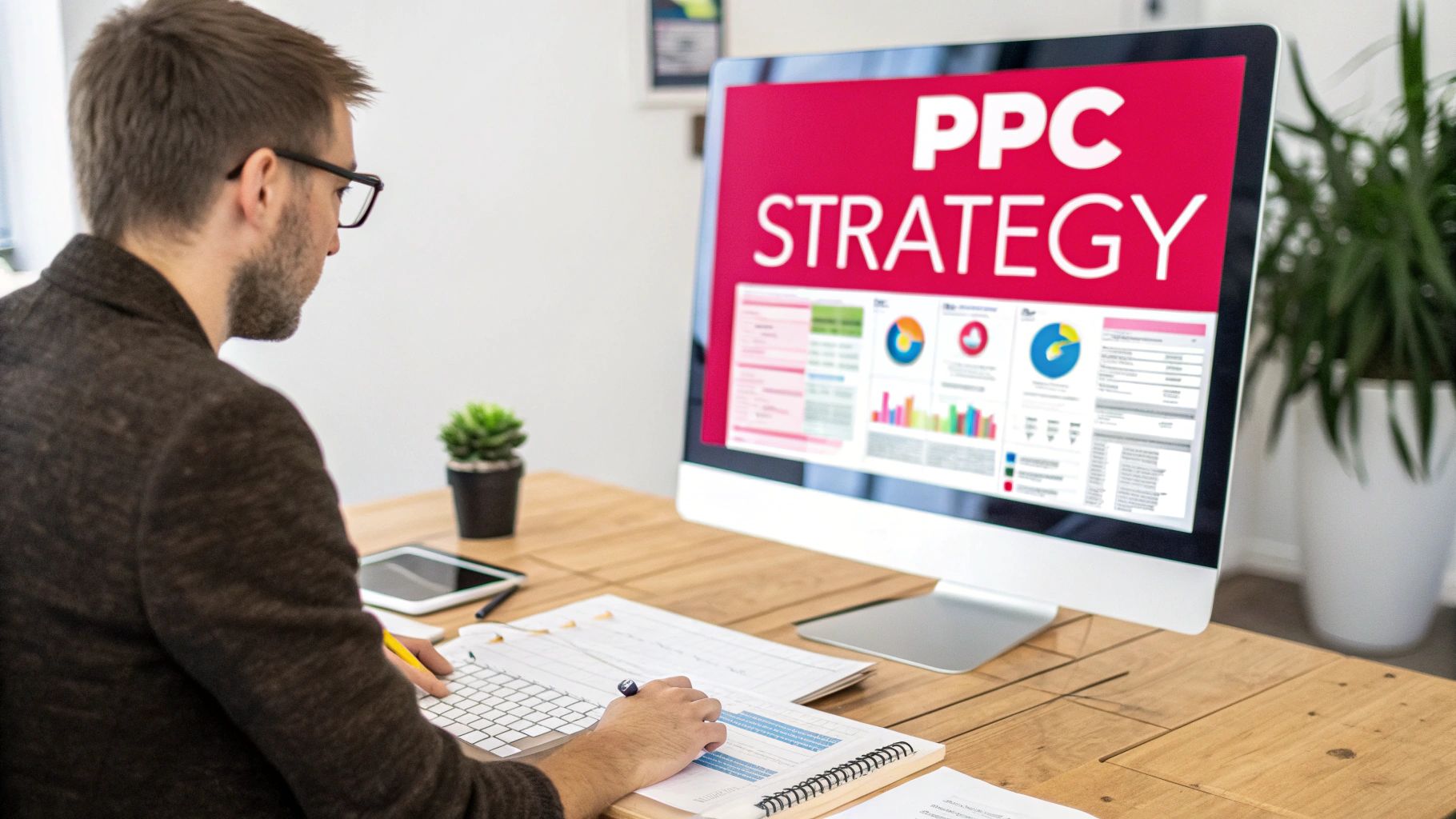 An image of a professional at a desk pointing to a screen with charts, illustrating PPC ad agency work