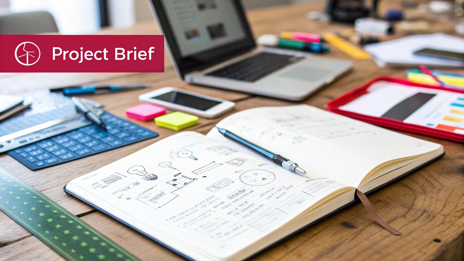 A person writing a creative brief on a laptop with colourful sticky notes on the wall behind them.