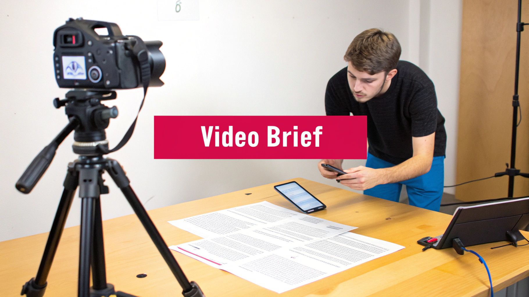 A man reviews a video brief on his phone, with documents and a camera on a tripod, preparing for filming.