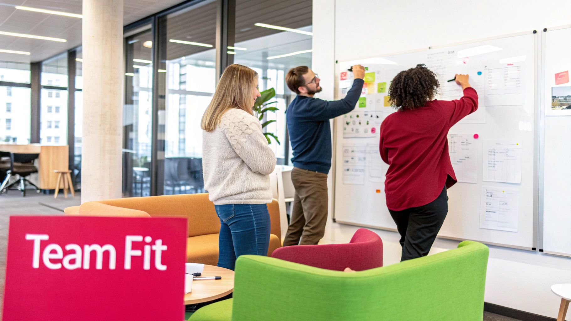 Two people in a modern office having a collaborative discussion over a laptop, with city views of Dubai in the background.
