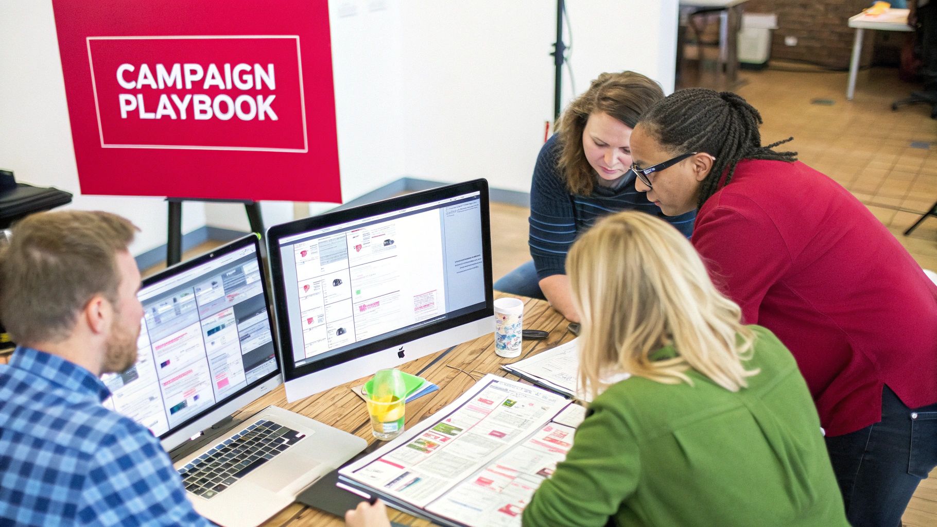 Four colleagues collaborate on a campaign, reviewing digital content on computers and printed documents.