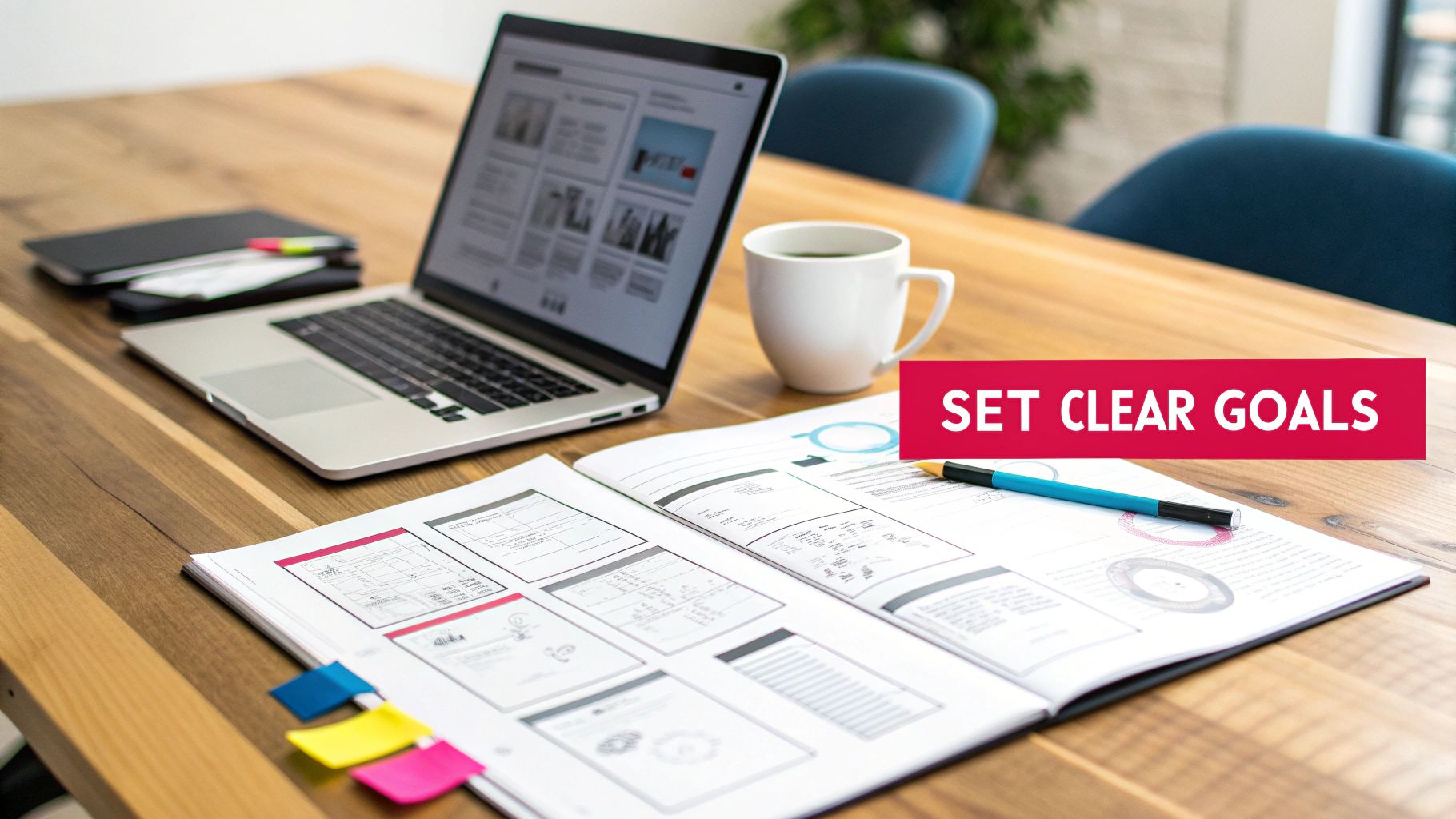 A wooden desk with a laptop, white coffee mug, open notebook, pen, and 'SET CLEAR GOALS' text.