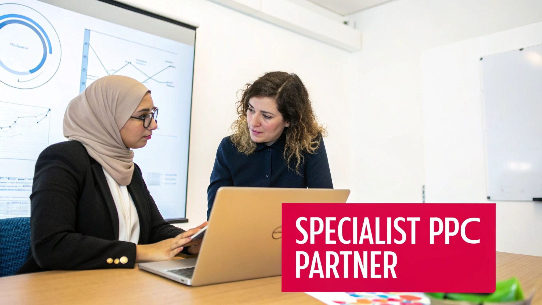 Two businesswomen discussing PPC strategies with a laptop and projected charts in a modern meeting room.