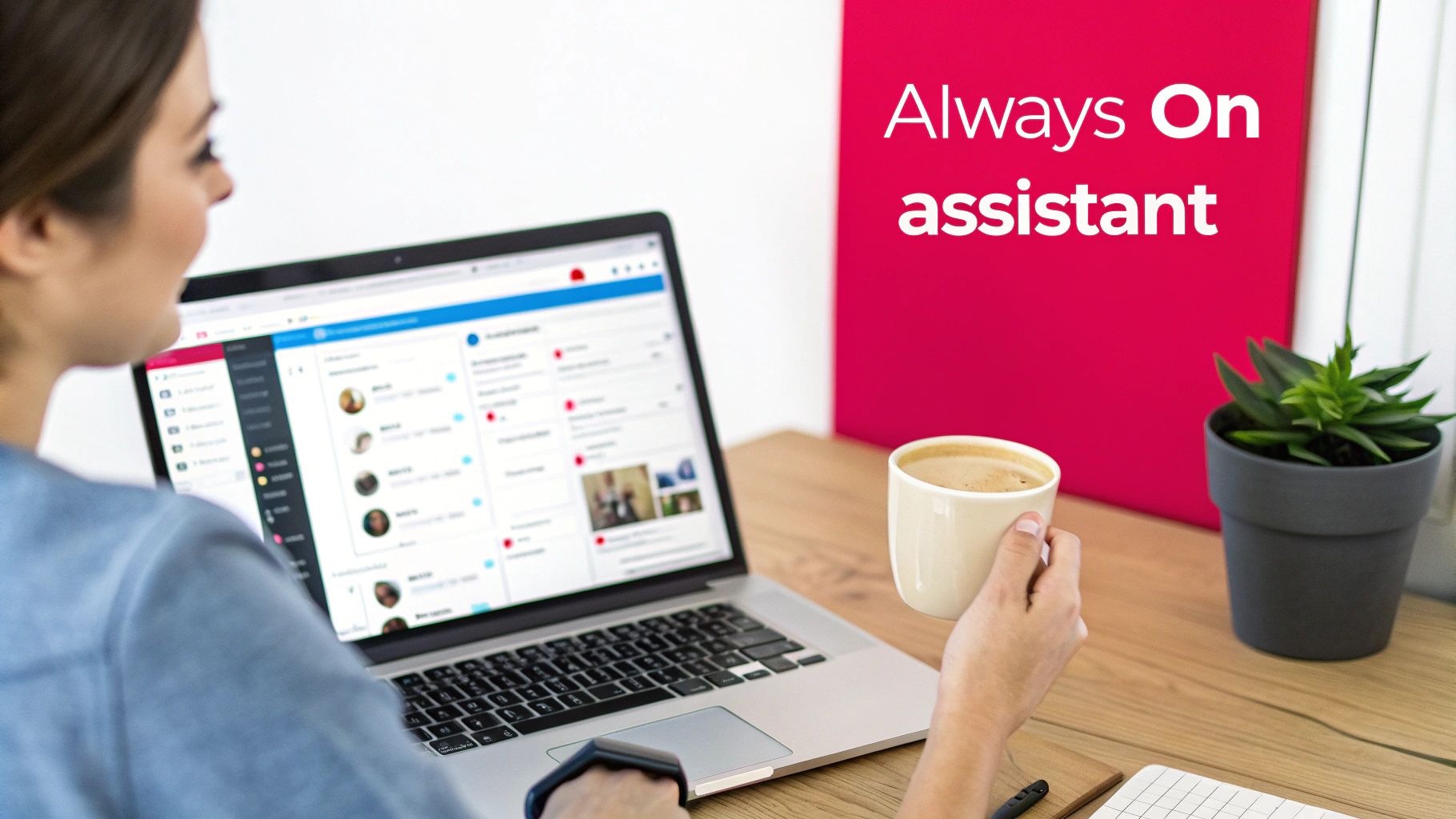 A woman uses a laptop with a social media interface, holding coffee, next to an 'Always On assistant' sign.