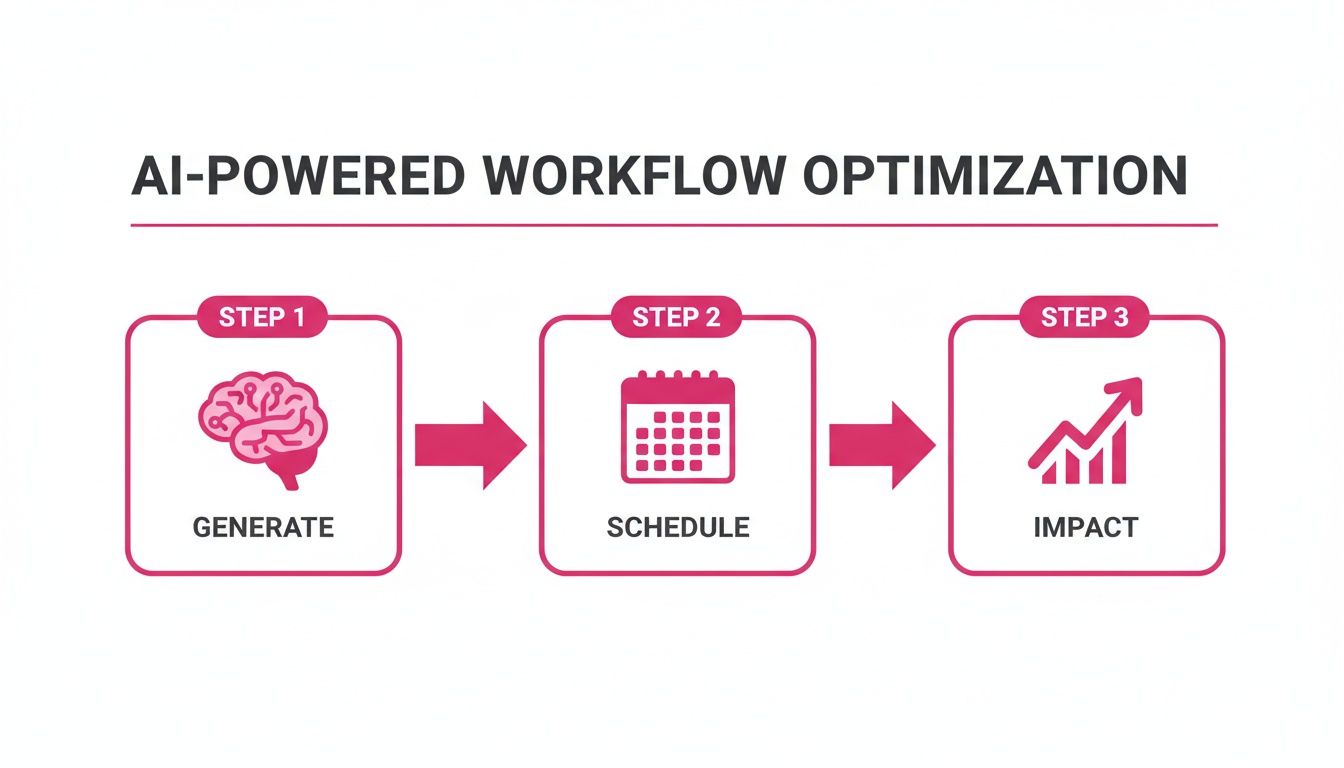 Infographic detailing the 3-step AI-powered workflow optimization process: Generate, Schedule, Impact.