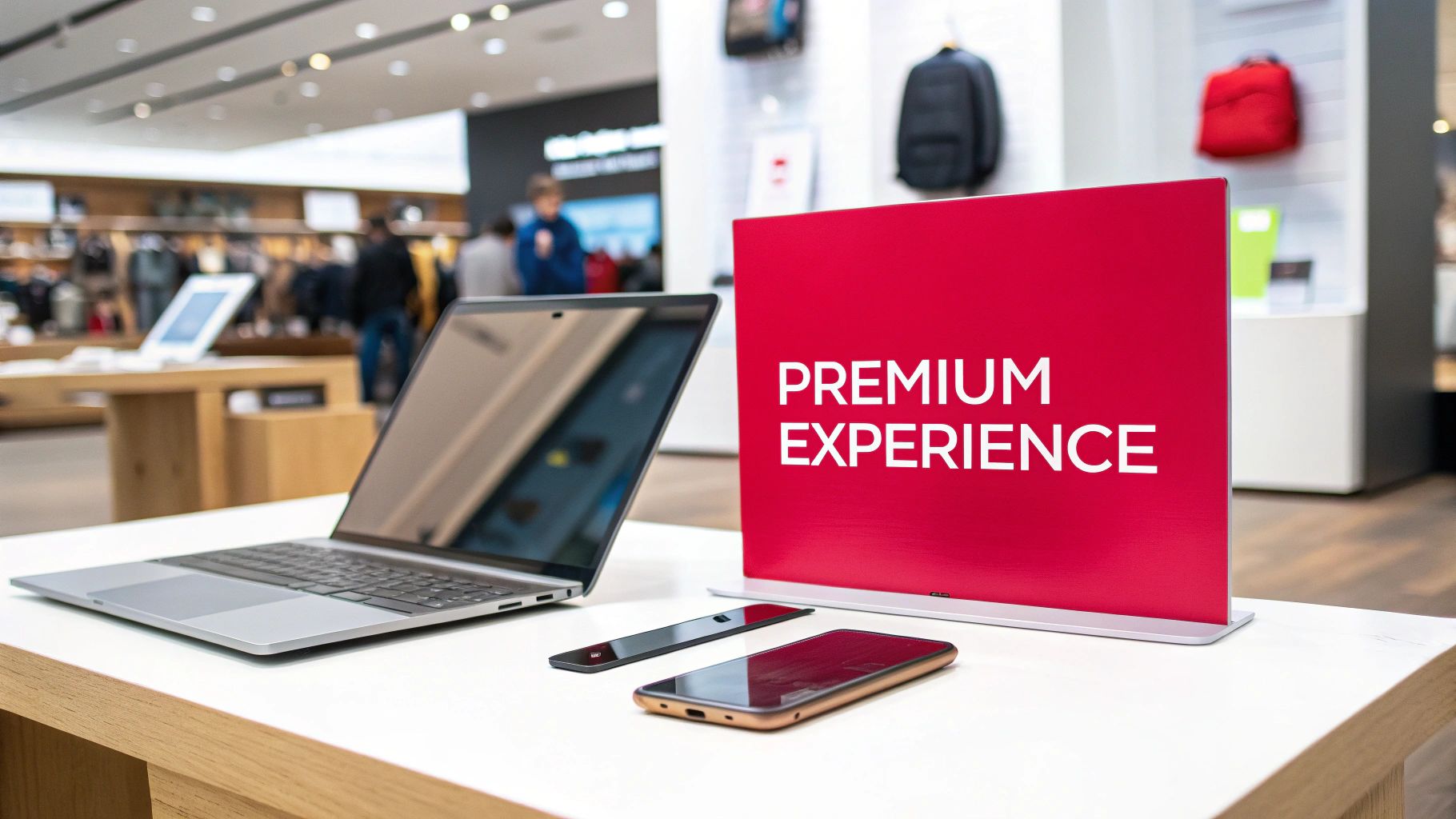 A silver laptop, smartphone, and a red 'PREMIUM EXPERIENCE' sign on a display table in a tech retail store.