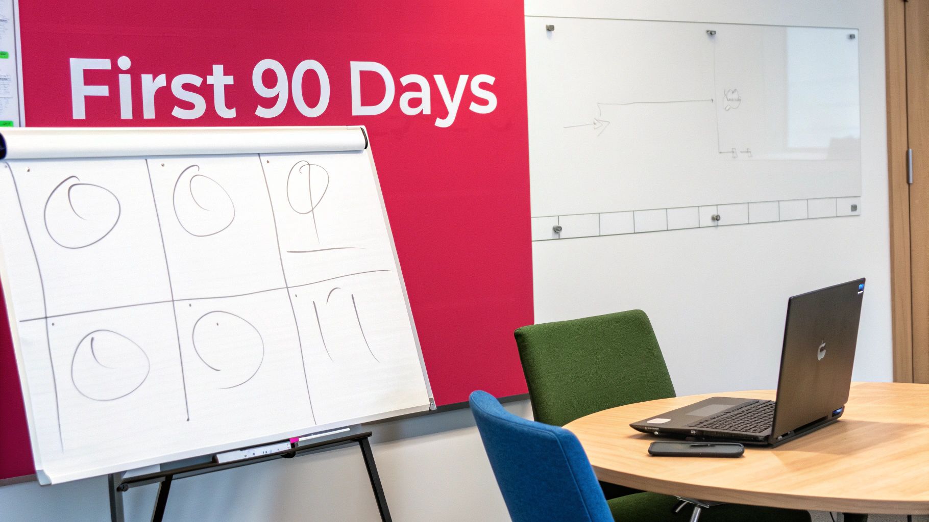 View of a modern office meeting room with a red wall, flip chart, laptop, and colorful chairs.
