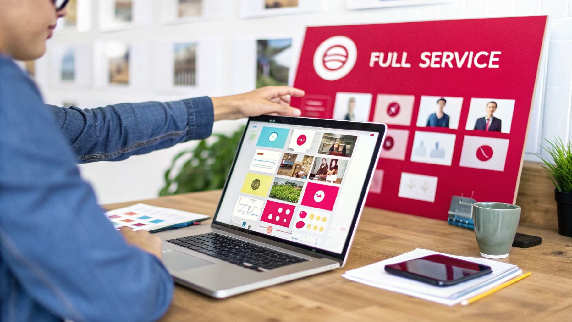 Professional working on a laptop with creative designs and a "FULL SERVICE" presentation board.