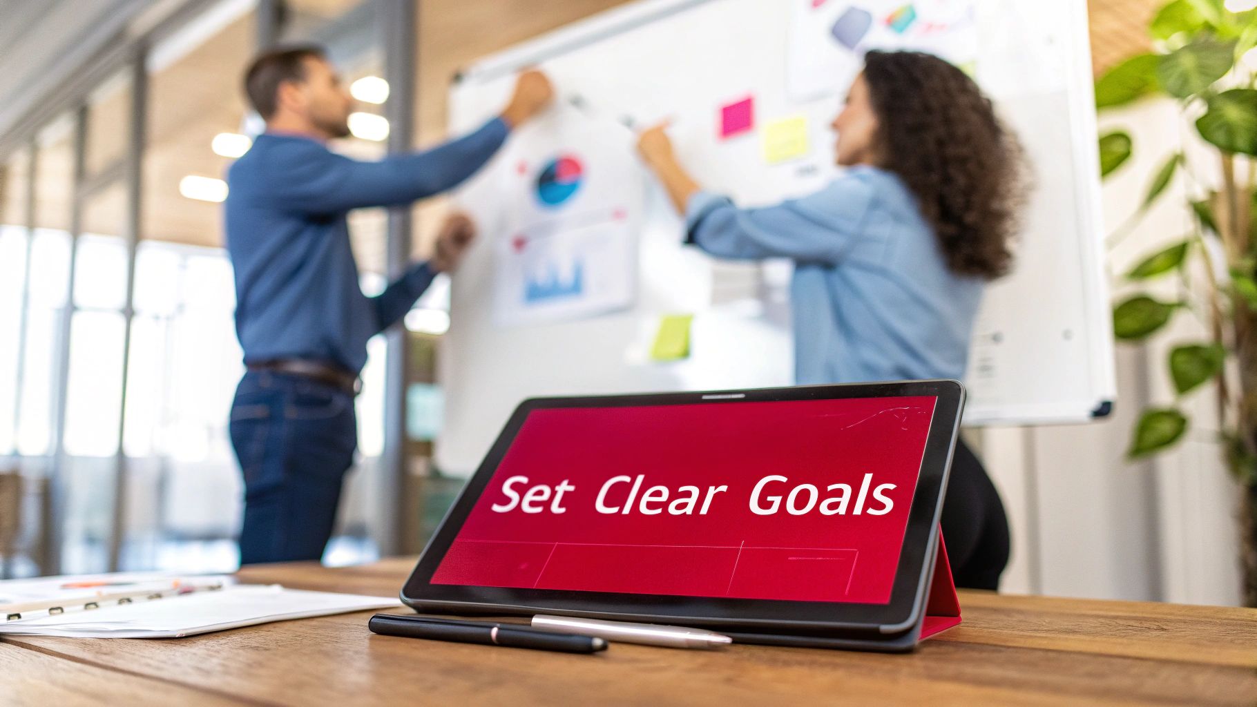 A tablet on a wooden desk displays 'Set Clear Goals' as colleagues plan on a whiteboard.