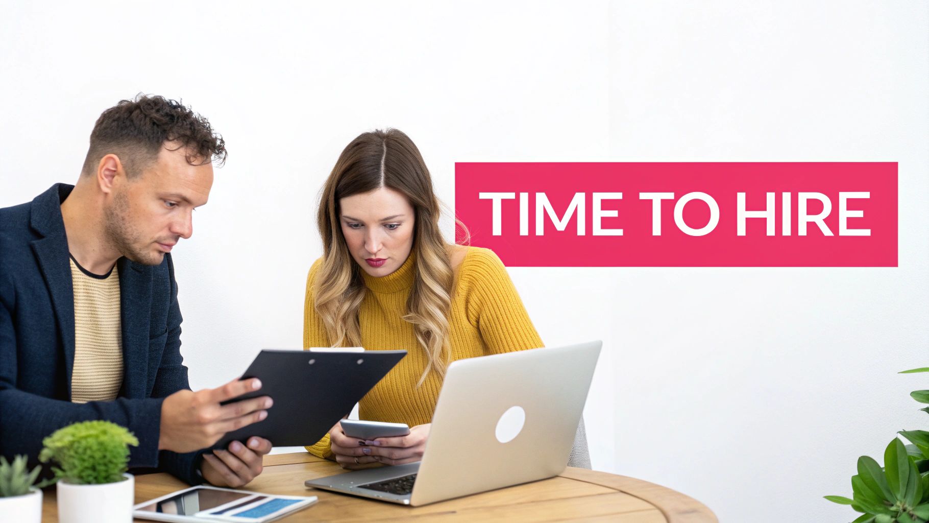 Two professionals reviewing documents and using devices, with 'TIME TO HIRE' text in the background.