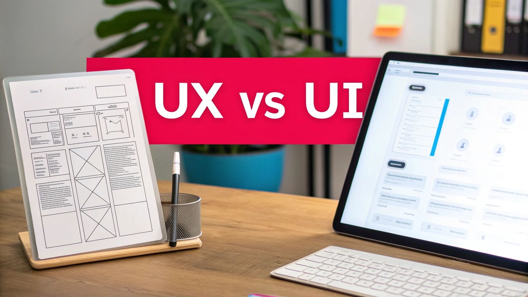 Two tablets on a desk comparing UX wireframes and UI designs, with a 'UX vs UI' banner.