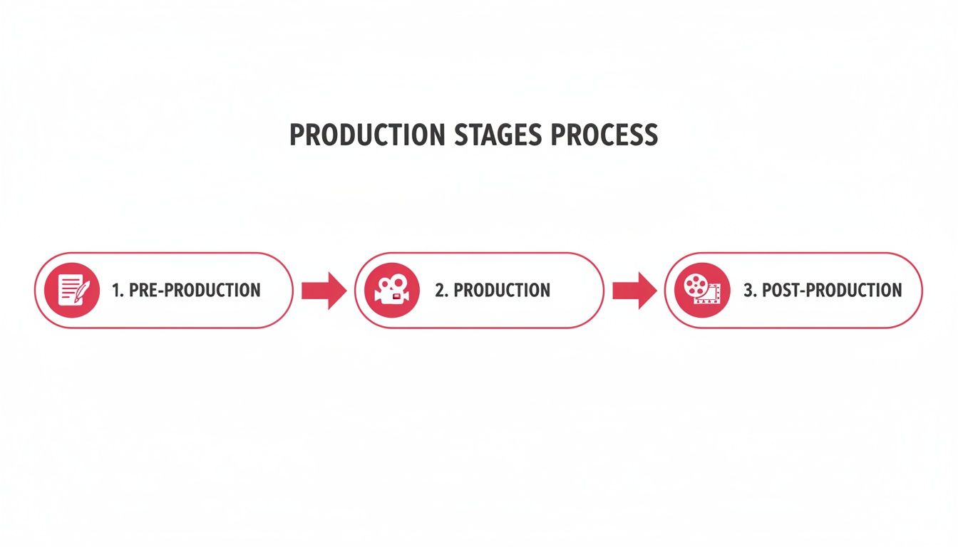 Flowchart illustrating the three key stages of media production: pre-production, production, and post-production.