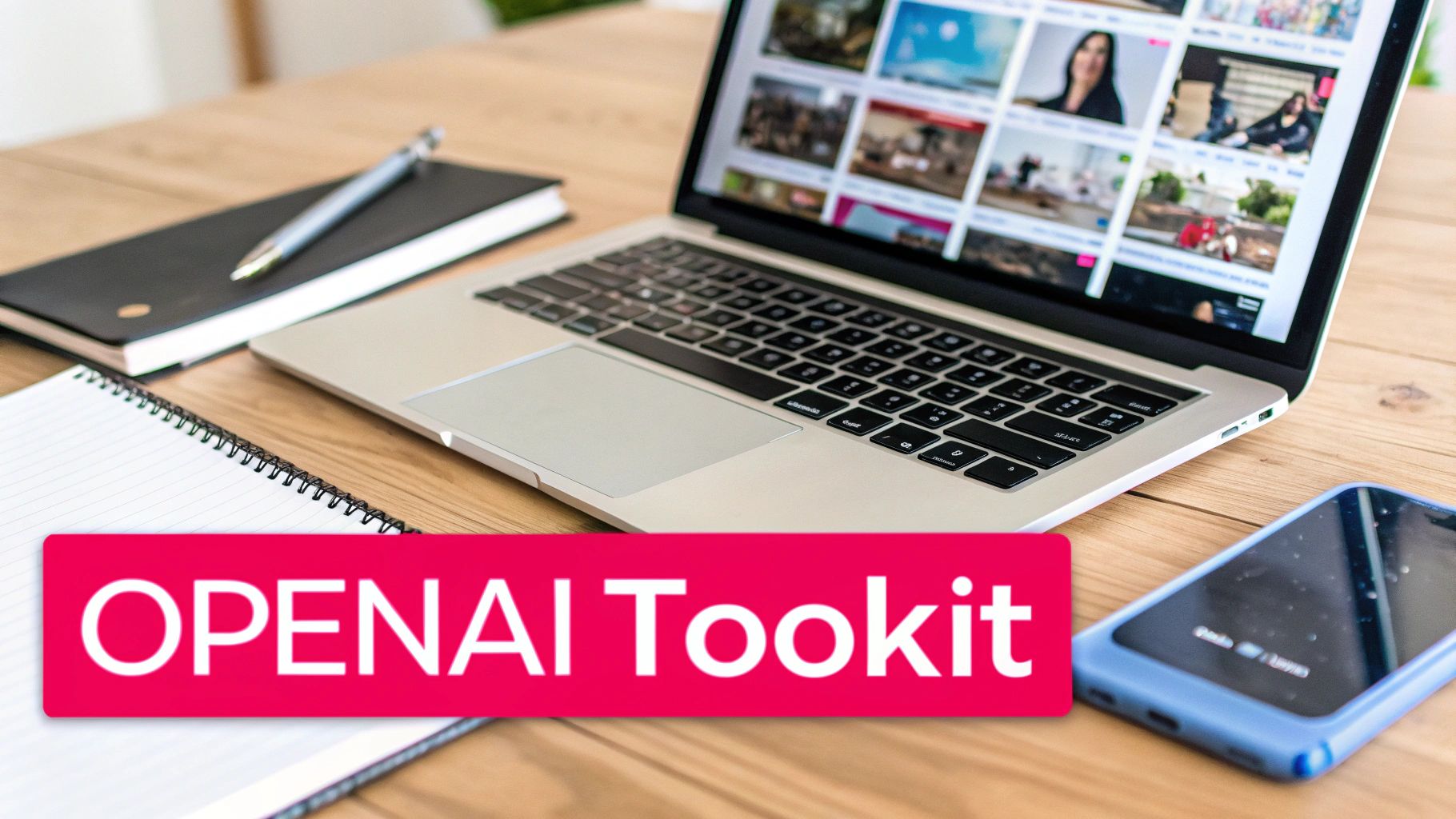 Modern workspace with laptop, notebook, pen, and smartphone, featuring an 'OPENAI Toolkit' overlay.